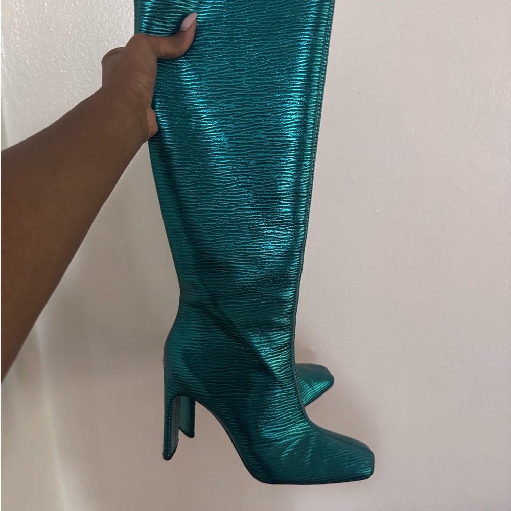 Zara Metallic Teal Knee-High Boots